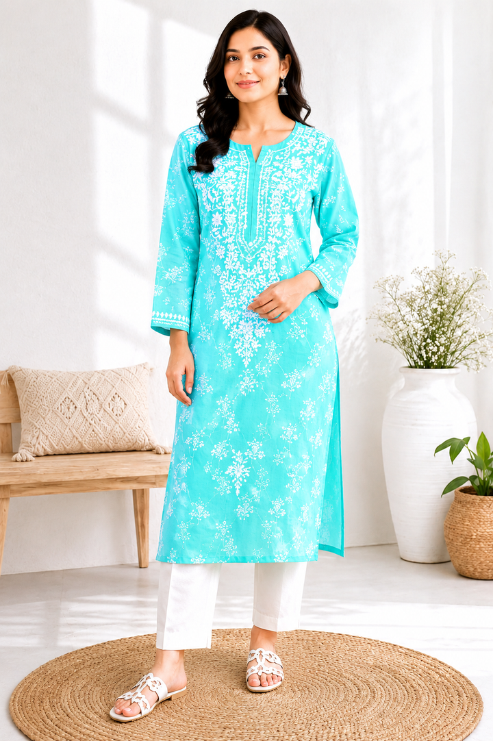 GULNAR MUL COTTON CHIKANKARI LONG KURTI