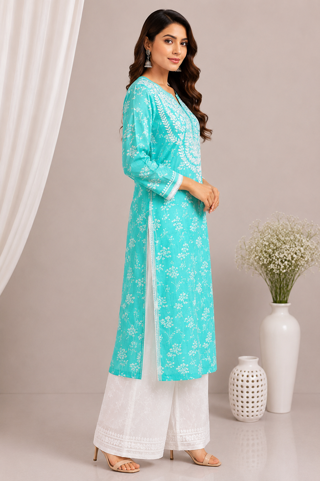 GULNAR MUL COTTON CHIKANKARI LONG KURTI