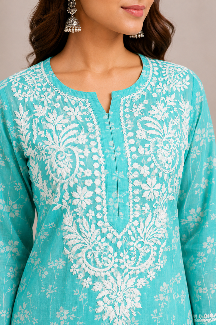 GULNAR MUL COTTON CHIKANKARI LONG KURTI