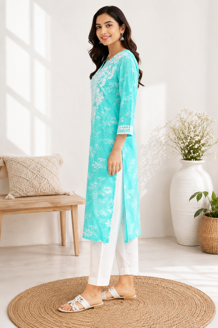 GULNAR MUL COTTON CHIKANKARI LONG KURTI