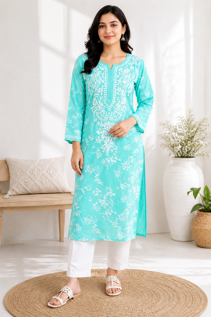 GULNAR MUL COTTON CHIKANKARI LONG KURTI