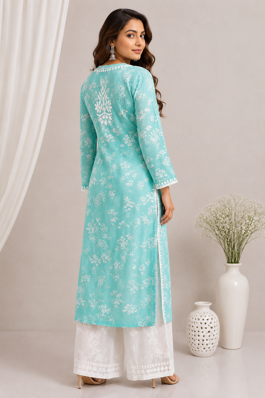 GULNAR MUL COTTON CHIKANKARI LONG KURTI