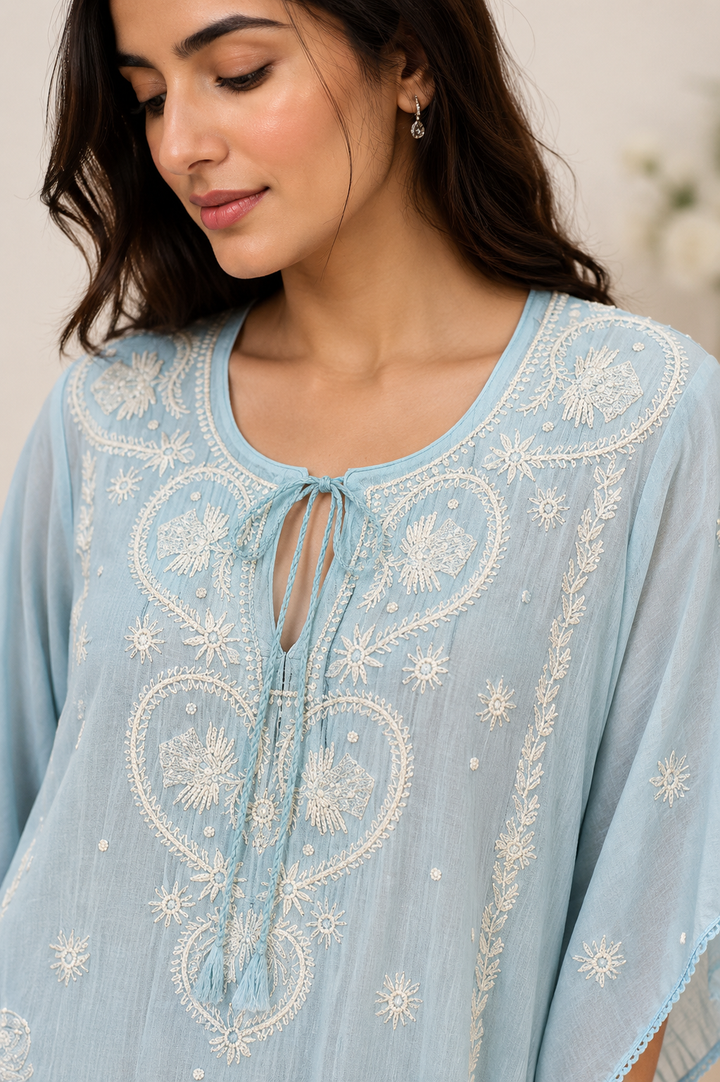 Chikankari Mul Chanderi Kaftan