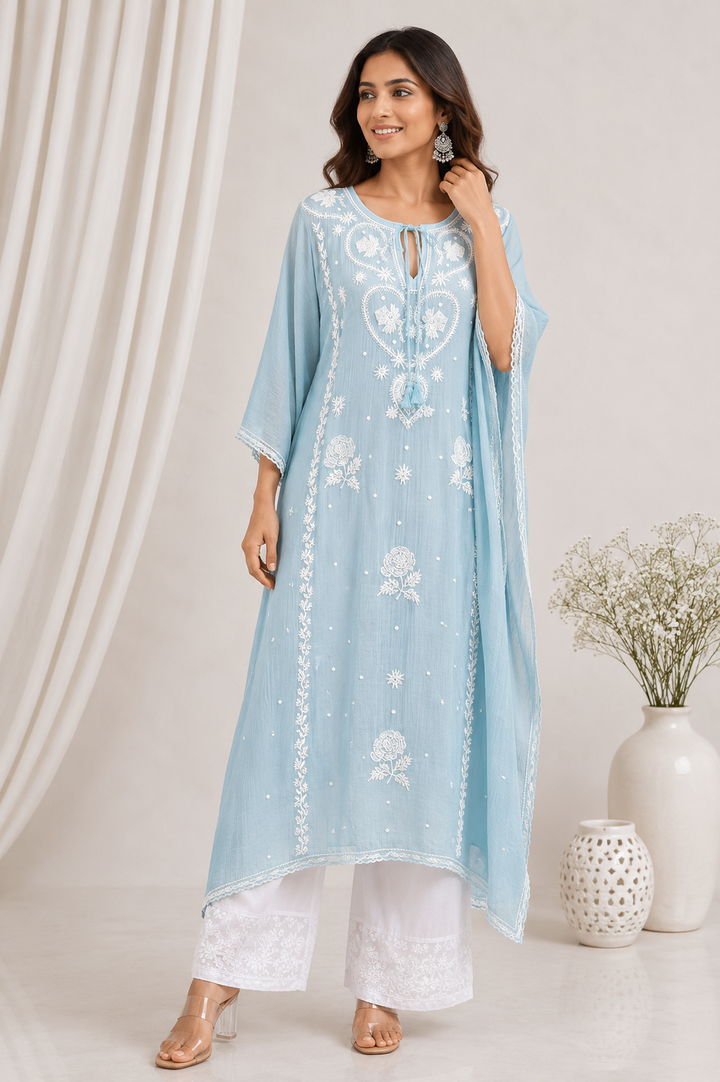 Chikankari Mul Chanderi Kaftan