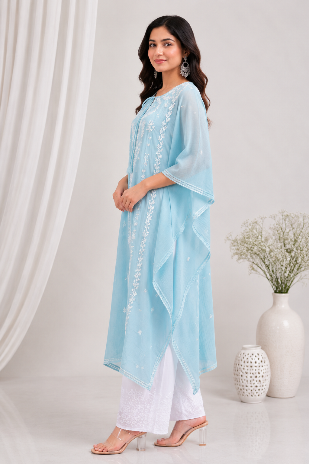 Chikankari Mul Chanderi Kaftan