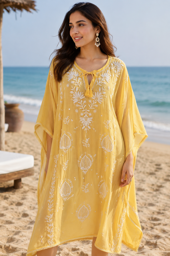 Chikankari Mul Chanderi Kaftan