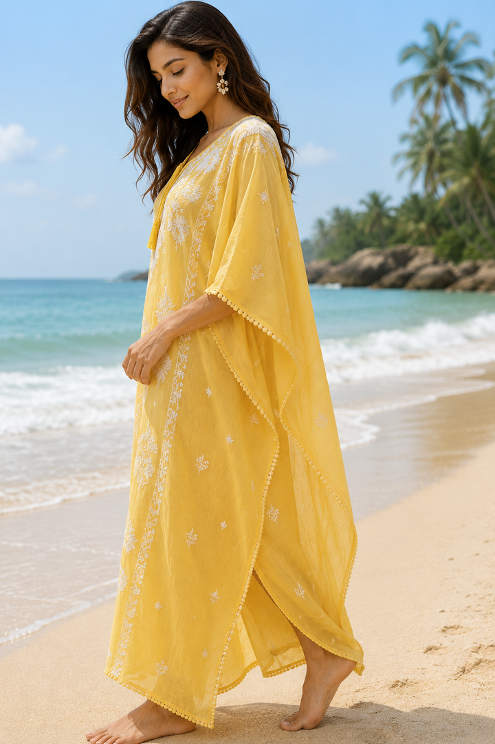 Chikankari Mul Chanderi Kaftan
