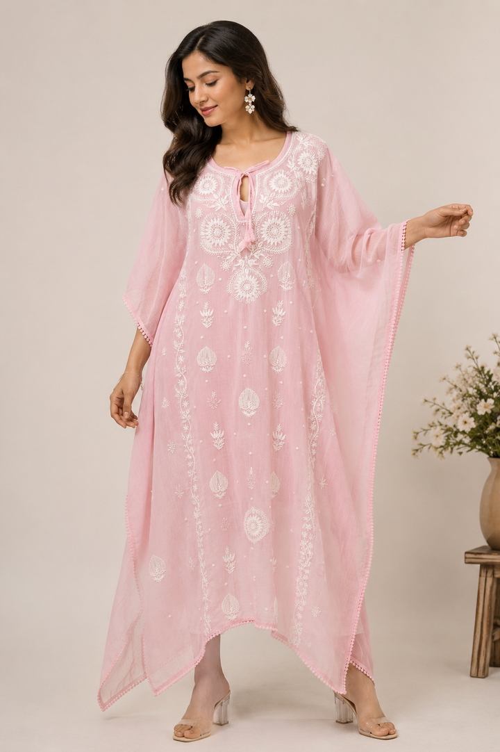 Chikankari Mul Chanderi Kaftan