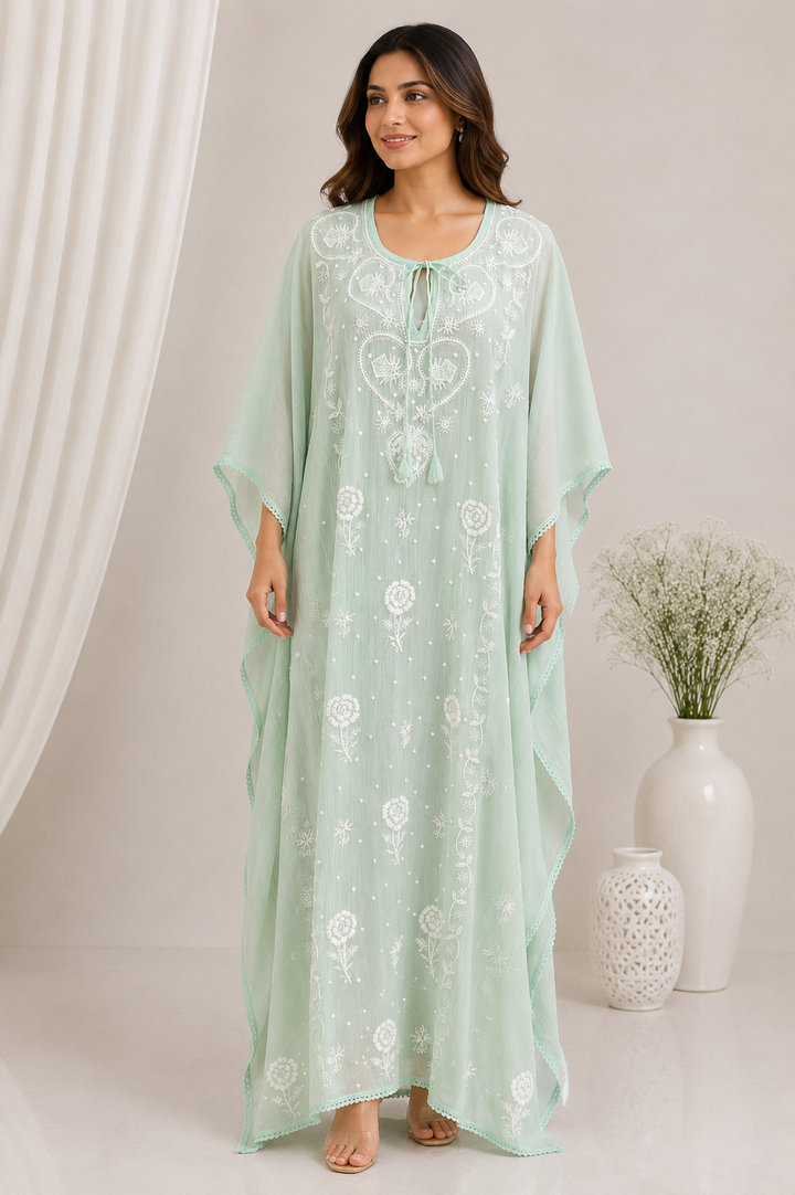 Chikankari Mul Chanderi Kaftan