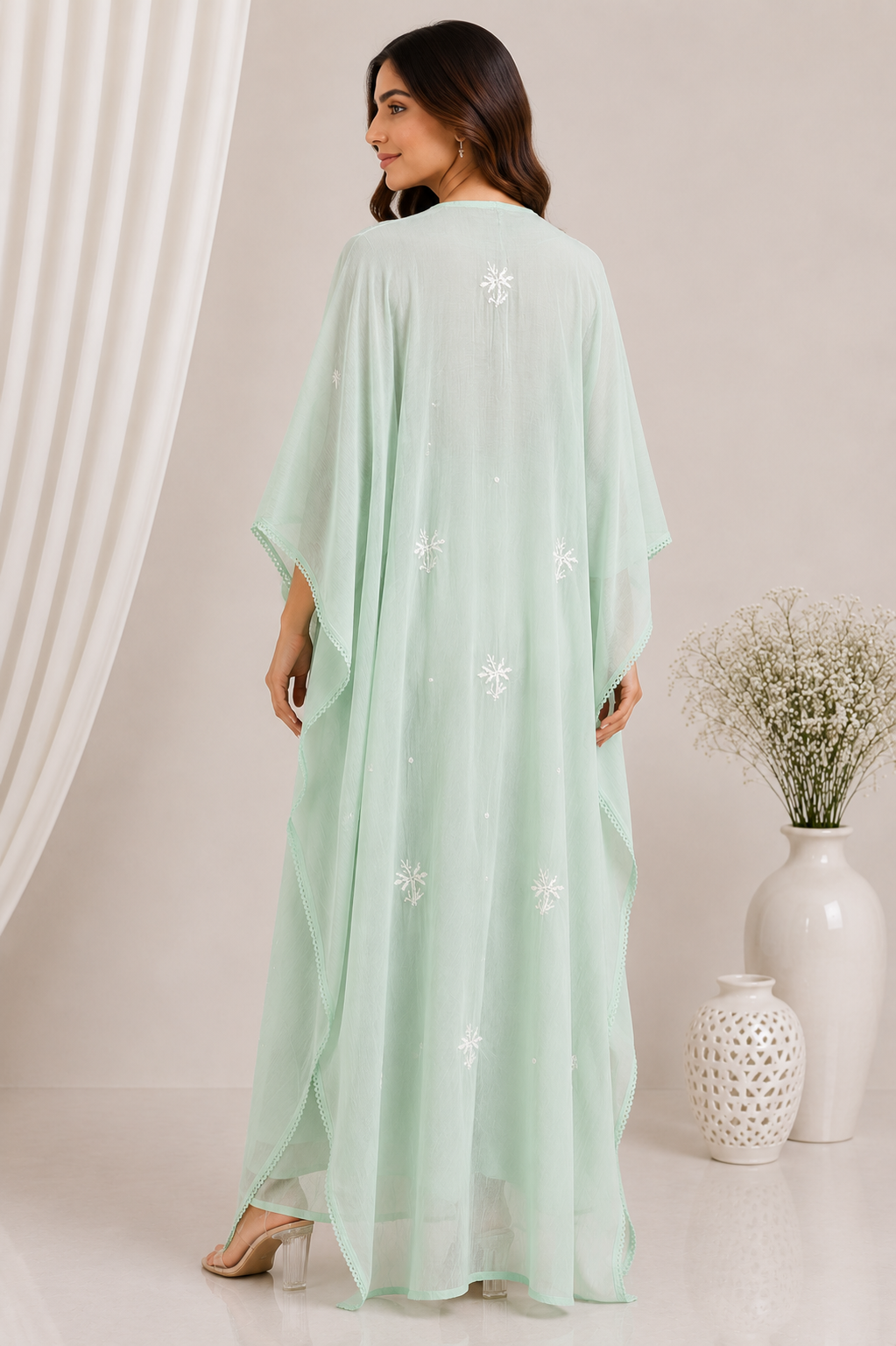 Chikankari Mul Chanderi Kaftan