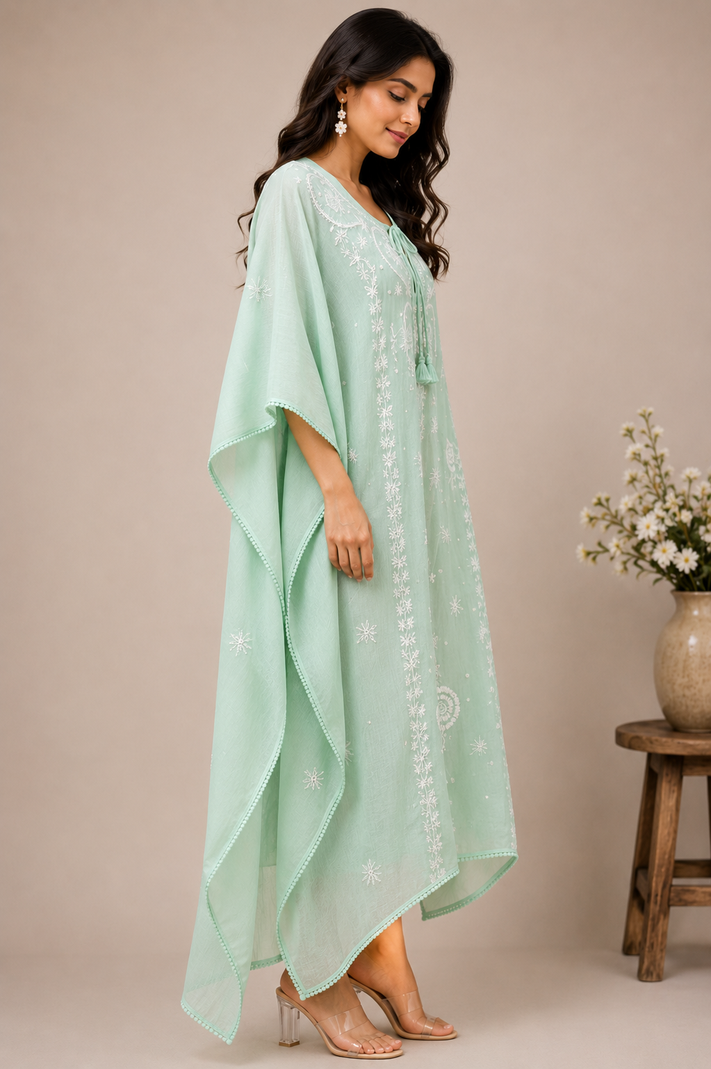 Chikankari Mul Chanderi Kaftan