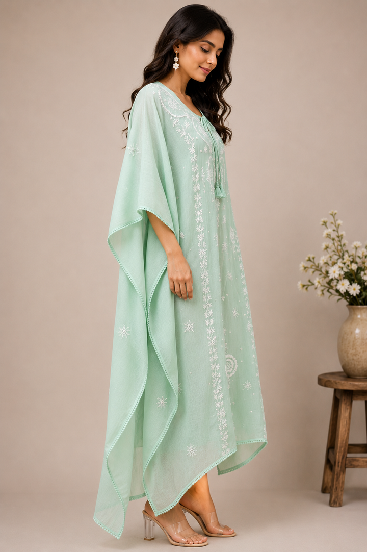 Chikankari Mul Chanderi Kaftan