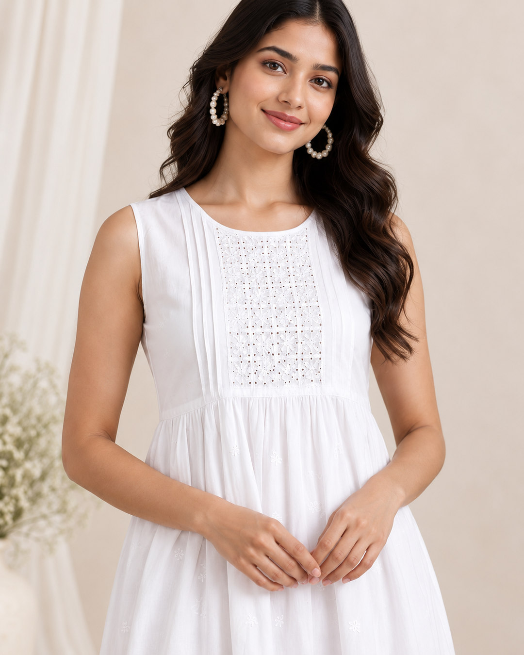 Chelsie Cotton Chikankari Dress With Mukaish
