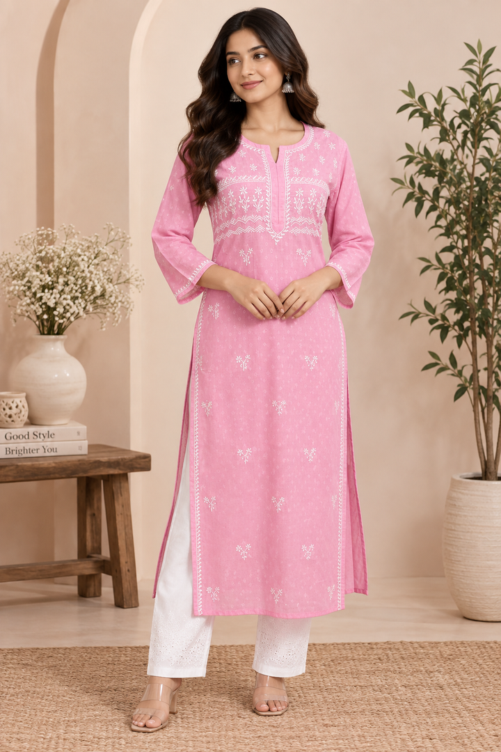 Raveena KB Chikankari Long Kurti pink