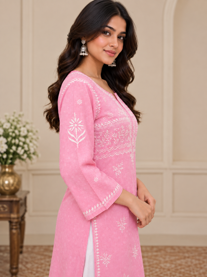 Raveena KB Chikankari Long Kurti pink