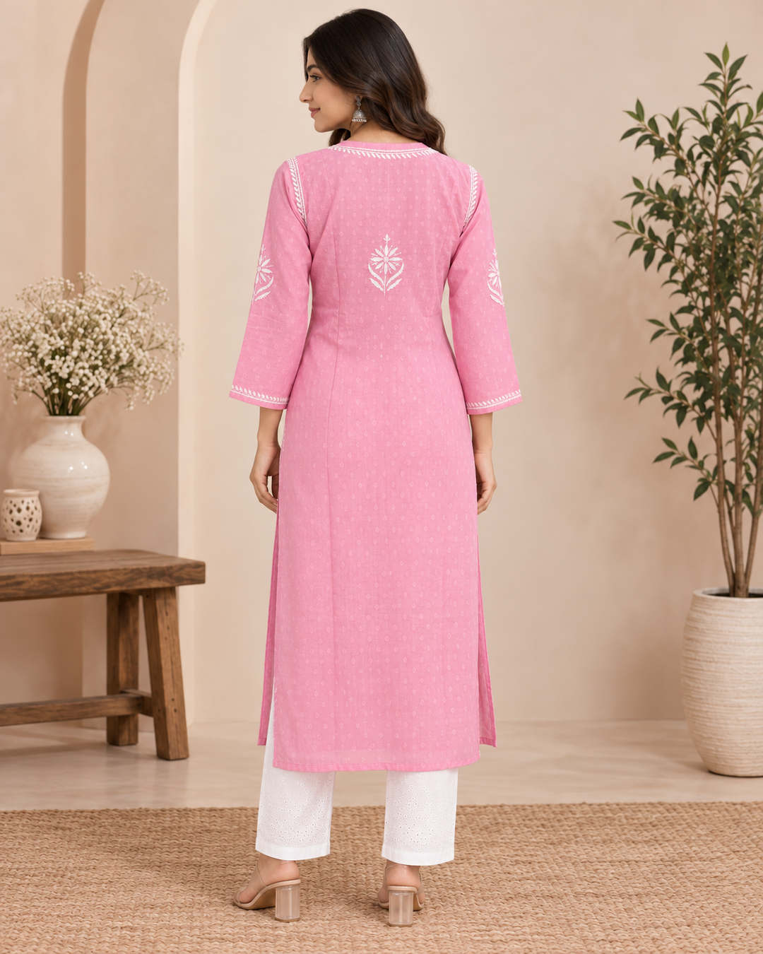 Raveena KB Chikankari Long Kurti pink