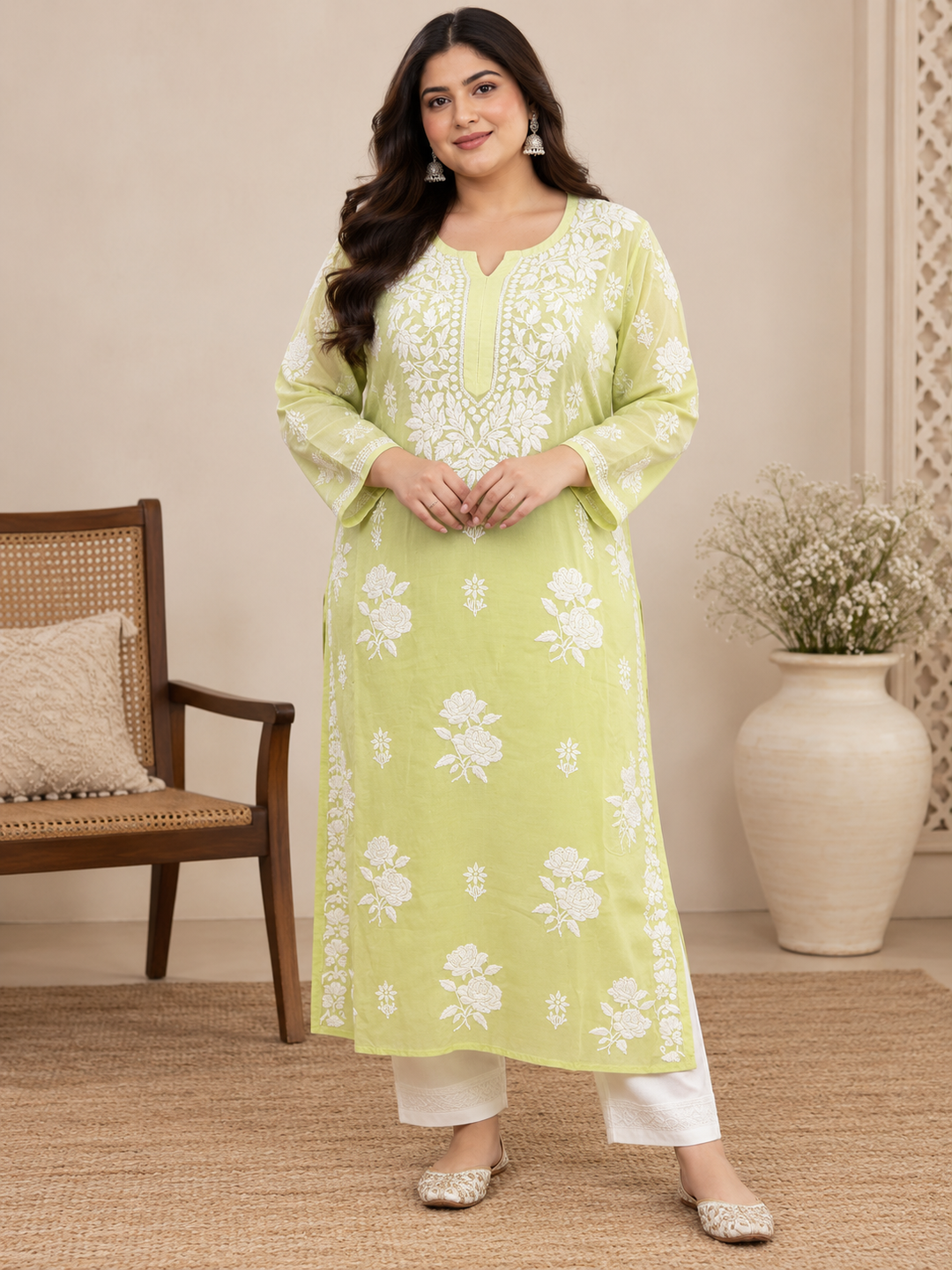 Plus Size Muslin Chikankari Kurtis
