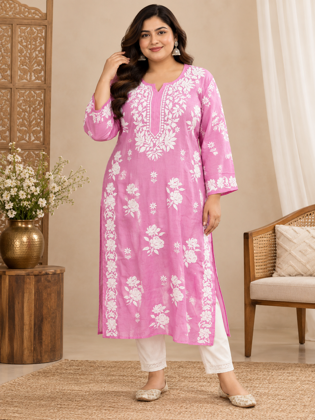 Plus Size Muslin Chikankari Kurtis