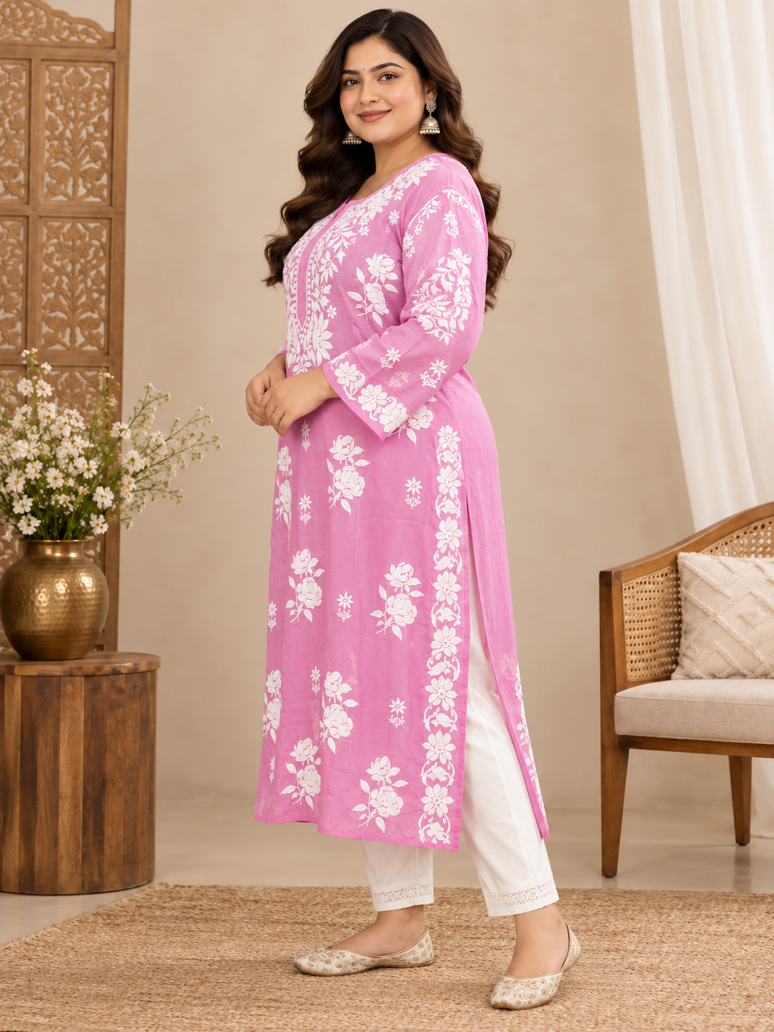 Plus Size Muslin Chikankari Kurtis