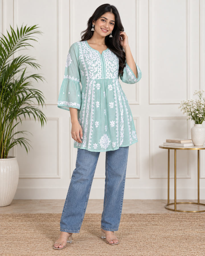 ANYA MUSLIN CHIKANKARI SHORT TOP GREEN
