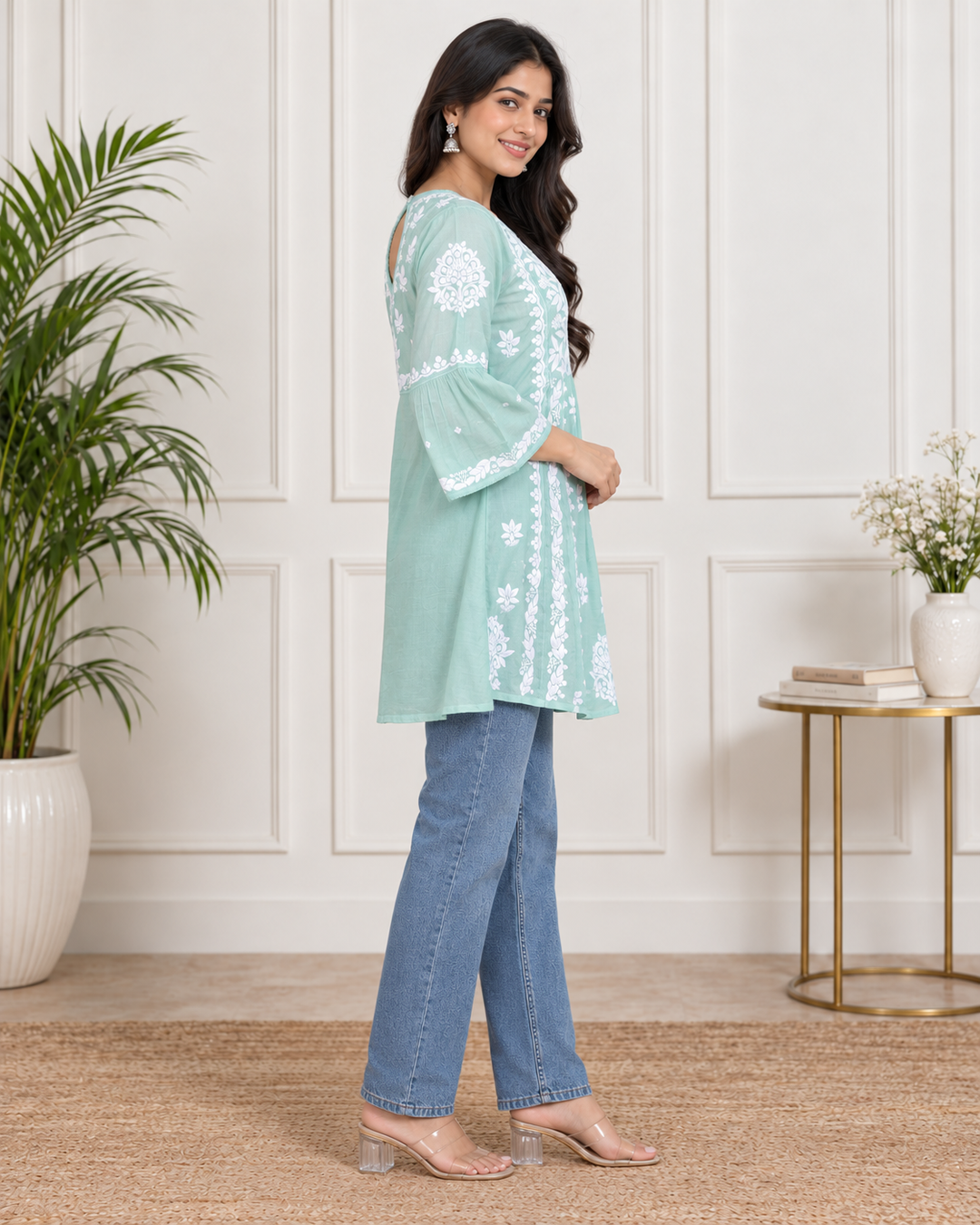 ANYA MUSLIN CHIKANKARI SHORT TOP GREEN