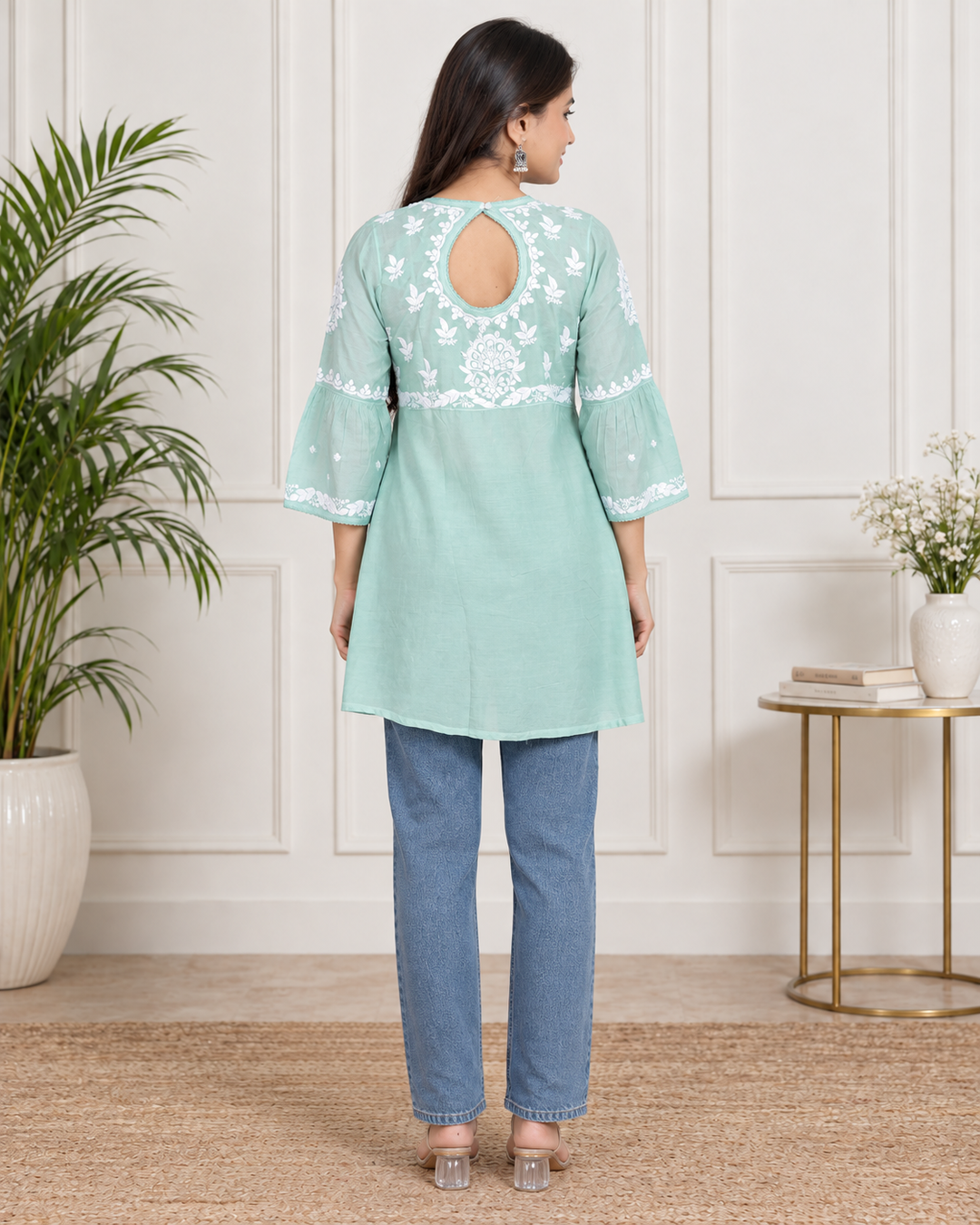 ANYA MUSLIN CHIKANKARI SHORT TOP GREEN