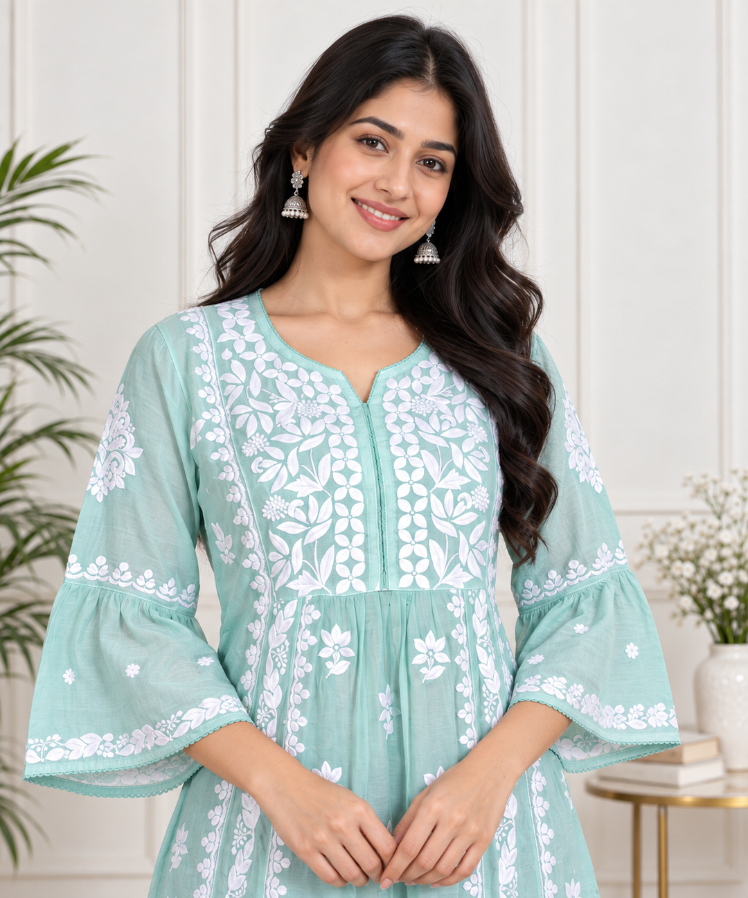 ANYA MUSLIN CHIKANKARI SHORT TOP GREEN