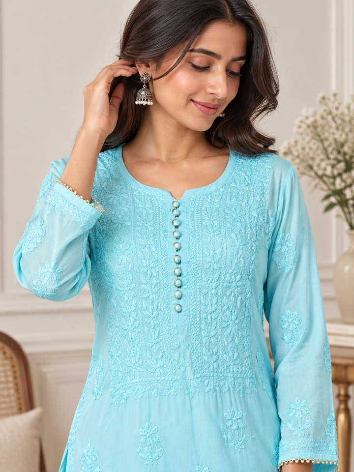 Shazana Modal Satin Chikankari Long Kurti