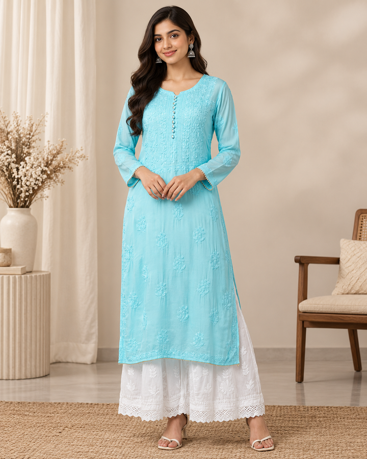 Shazana Modal Satin Chikankari Long Kurti