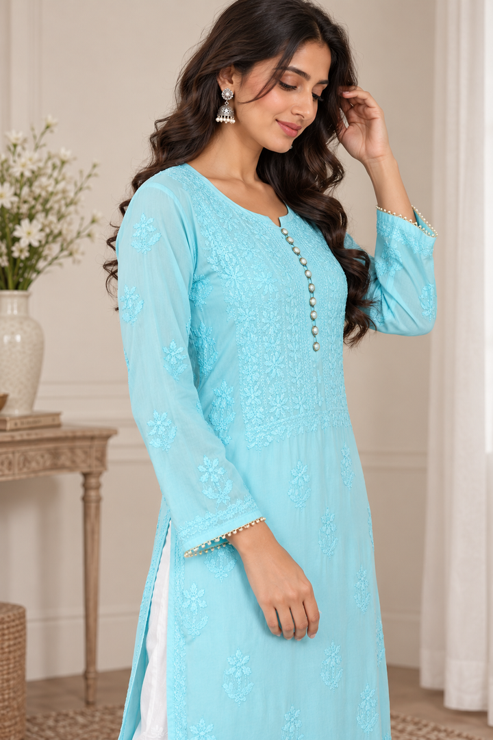 Shazana Modal Satin Chikankari Long Kurti