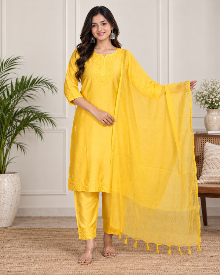 Shaina Chanderi Chikankari 3 Piece Set