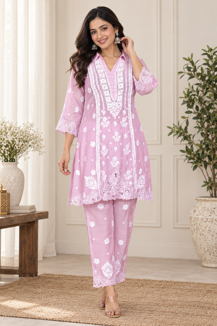 Muslin Chikankari Cutwork Co-ord Set