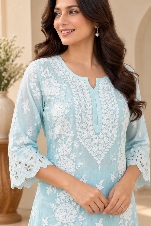 Aqua Crepe Cutwork Chikankari Dress