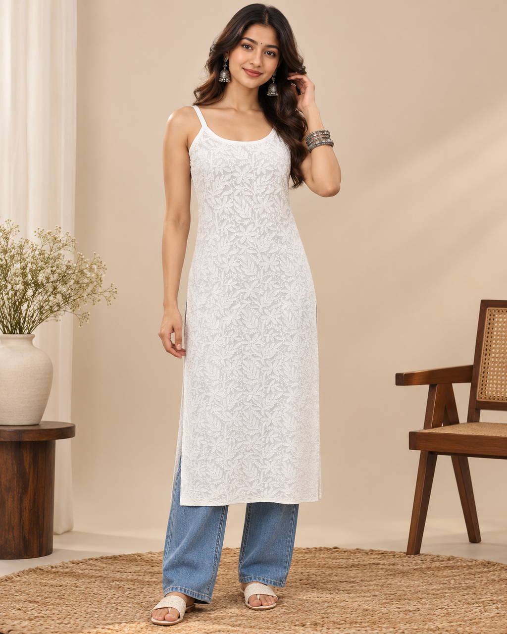 White Chikankari Spaghetti Long Kurti