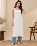 White Chikankari Spaghetti Long Kurti