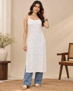 White Chikankari Spaghetti Long Kurti