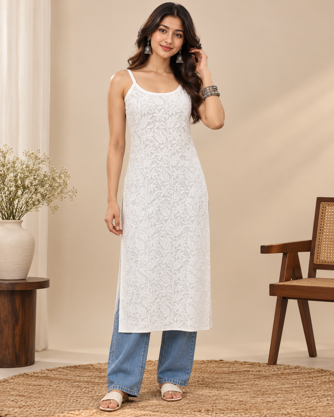 White Chikankari Spaghetti Long Kurti