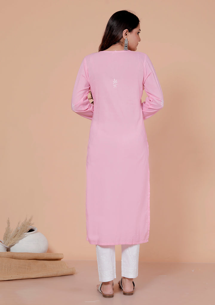 Shaheen Cotton Chikankari Long Kurti Pink