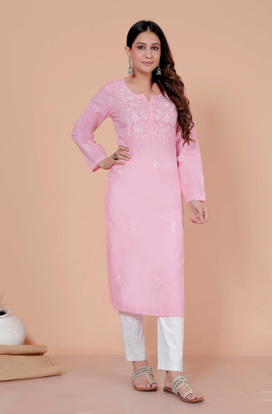 Shaheen Cotton Chikankari Long Kurti Pink