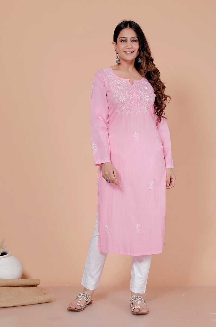 Shaheen Cotton Chikankari Long Kurti Pink
