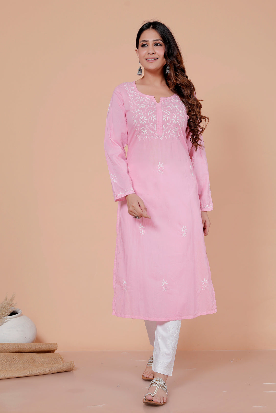 Shaheen Cotton Chikankari Long Kurti Pink