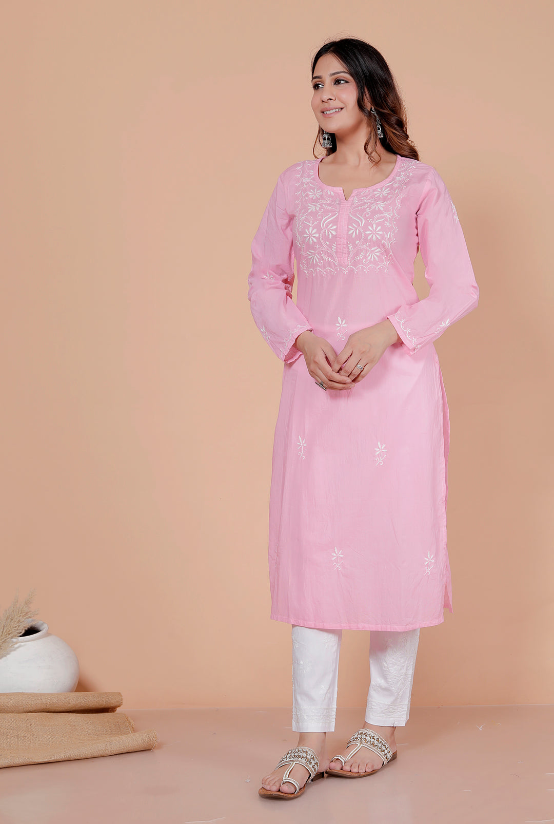Shaheen Cotton Chikankari Long Kurti Pink