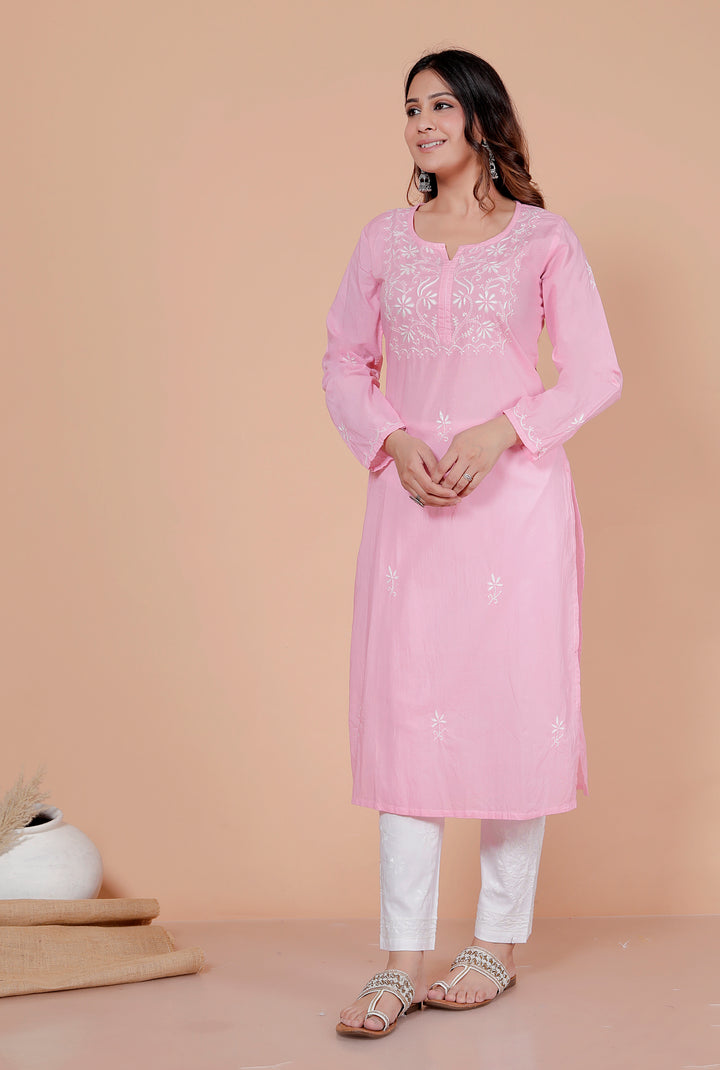 Shaheen Cotton Chikankari Long Kurti Pink