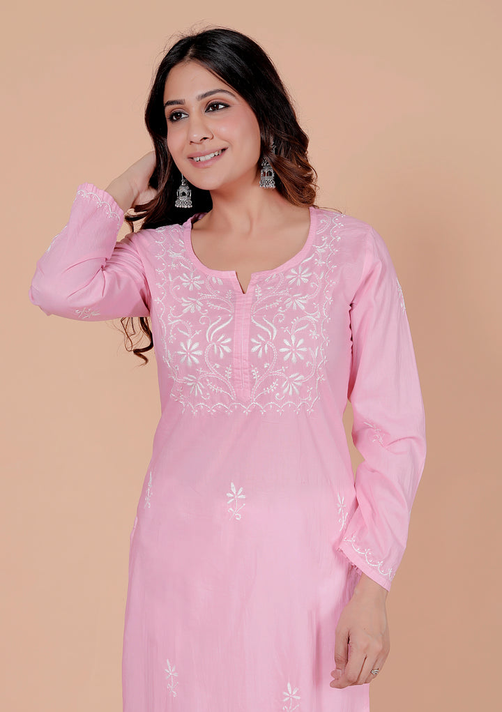 Shaheen Cotton Chikankari Long Kurti Pink