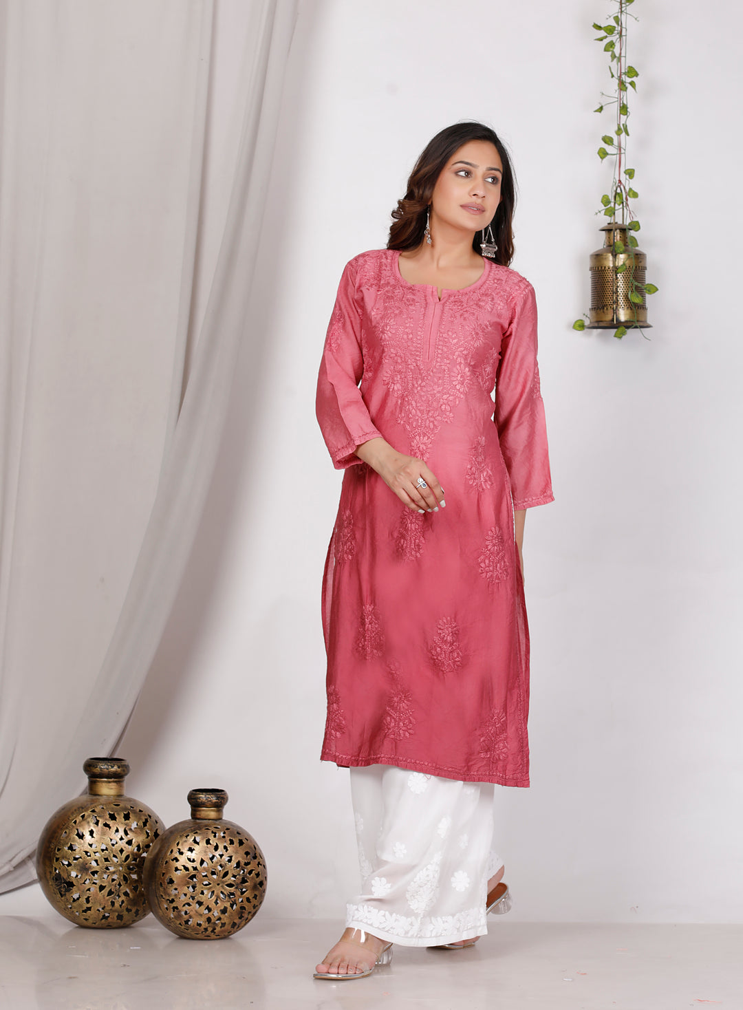 SUHANA CHANDERI CHIKANKARI LONG KURTI