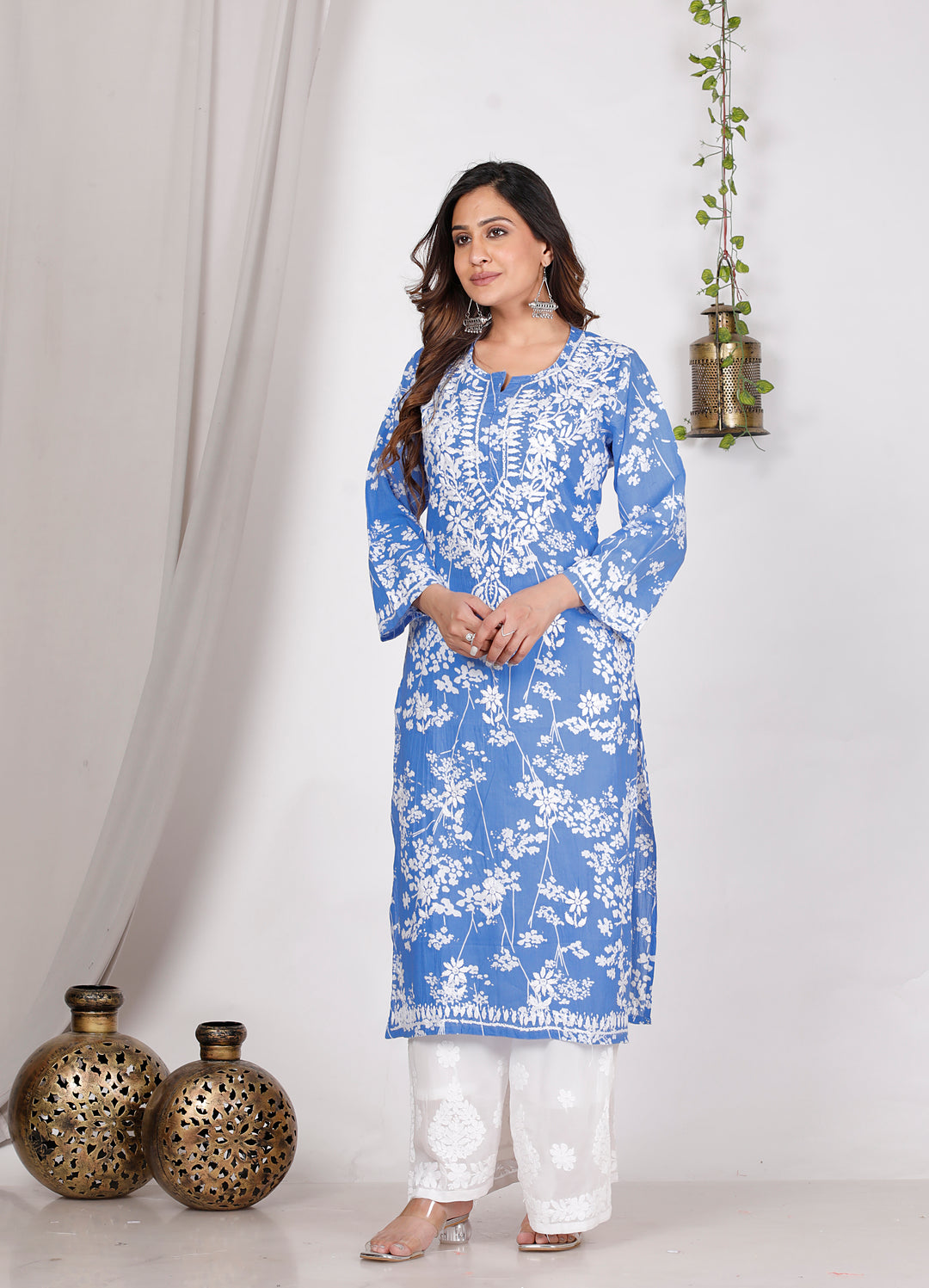 GULNAR MUL COTTON CHIKANKARI LONG KURTI