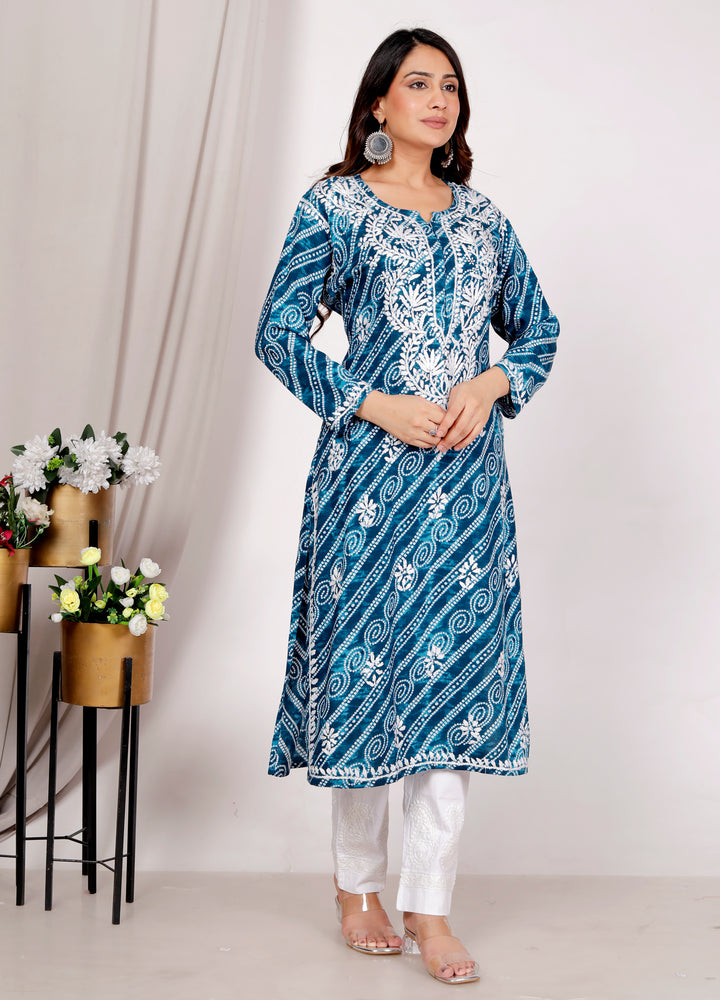 Ariana RAYON CHIKANKARI CHUNRI PRINT LONG KURTI