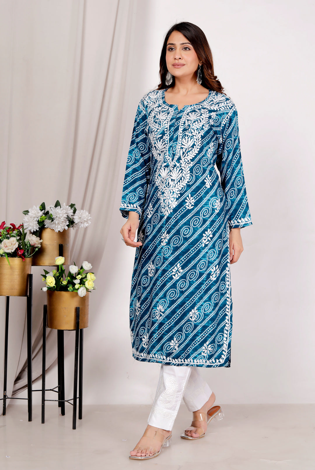 Ariana RAYON CHIKANKARI CHUNRI PRINT LONG KURTI