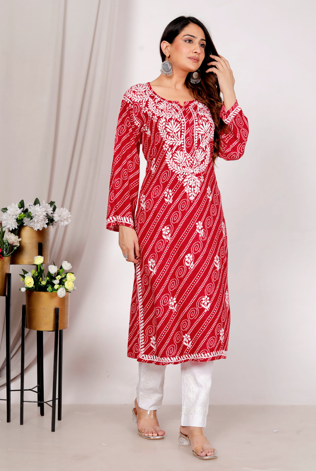 Ariana RAYON CHIKANKARI CHUNRI PRINT LONG KURTI