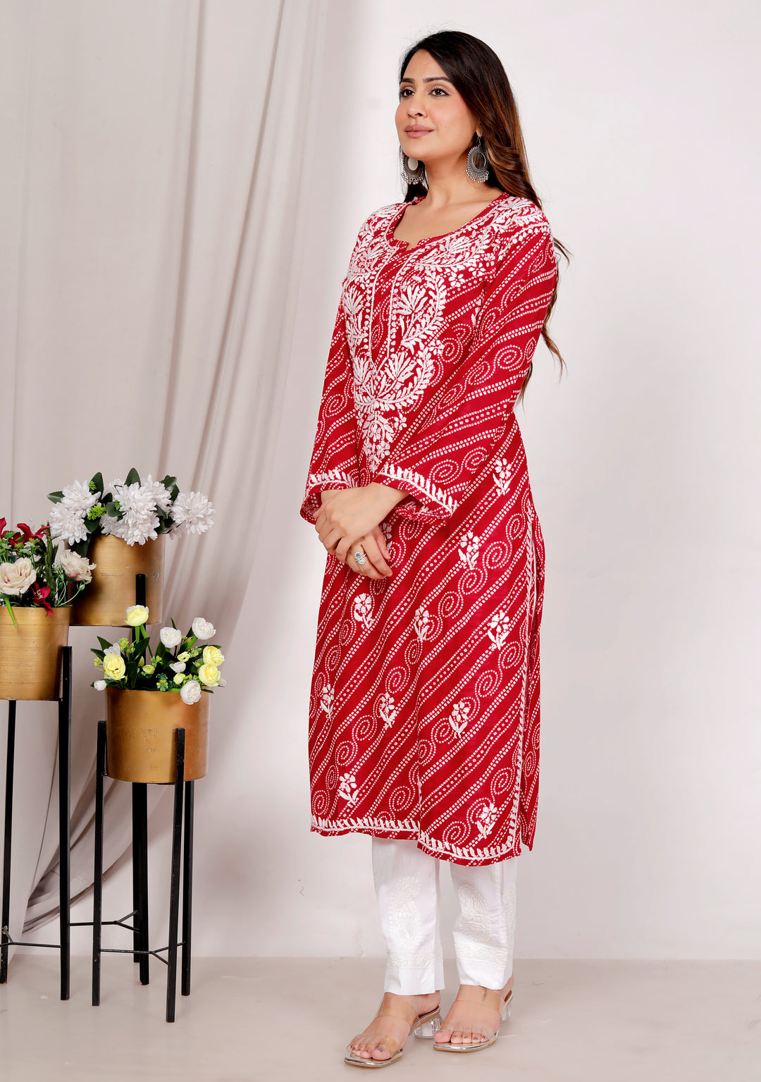 Ariana RAYON CHIKANKARI CHUNRI PRINT LONG KURTI